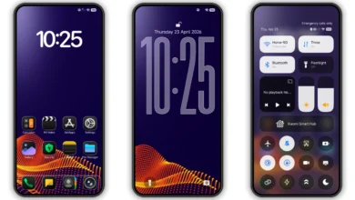 Businessman H3 HyperOS theme preview showcasing a deep purple home screen with golden wave patterns and a sleek, frosted glass Control Center.